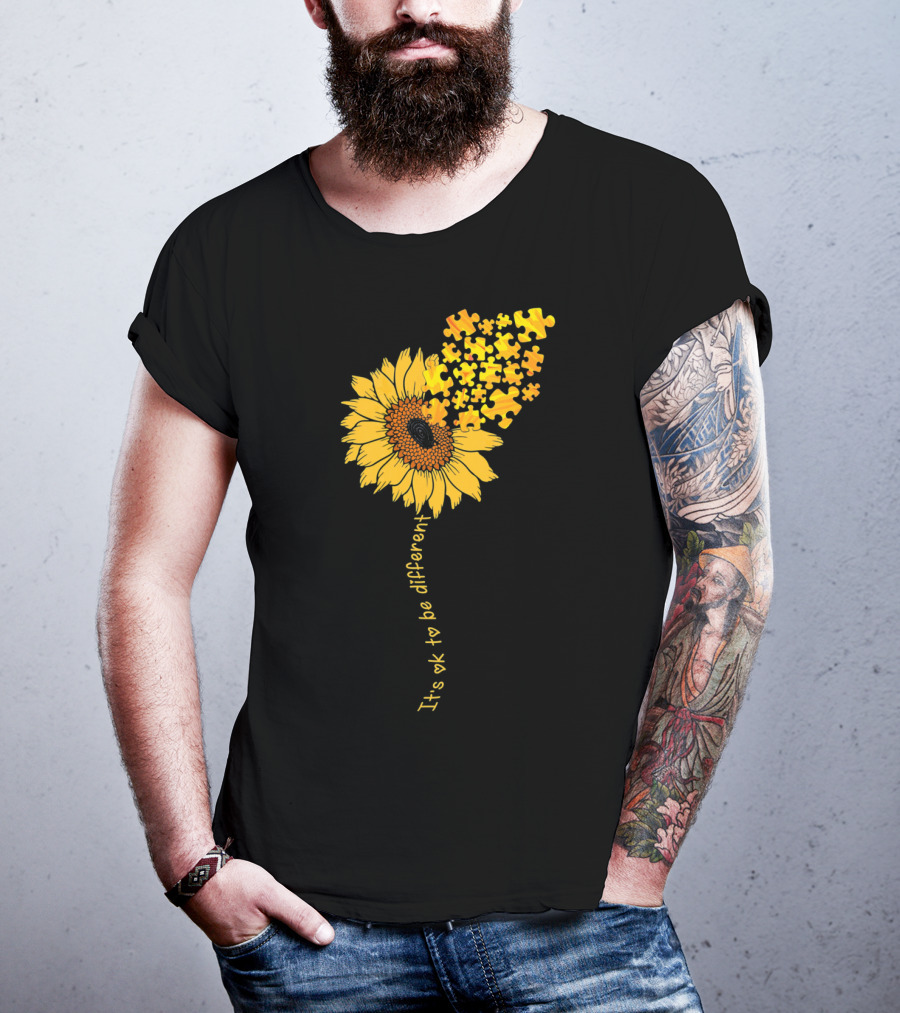 Love Sunflower Puzzle It's OK To Be Different Autism Awareness T-Shirt
