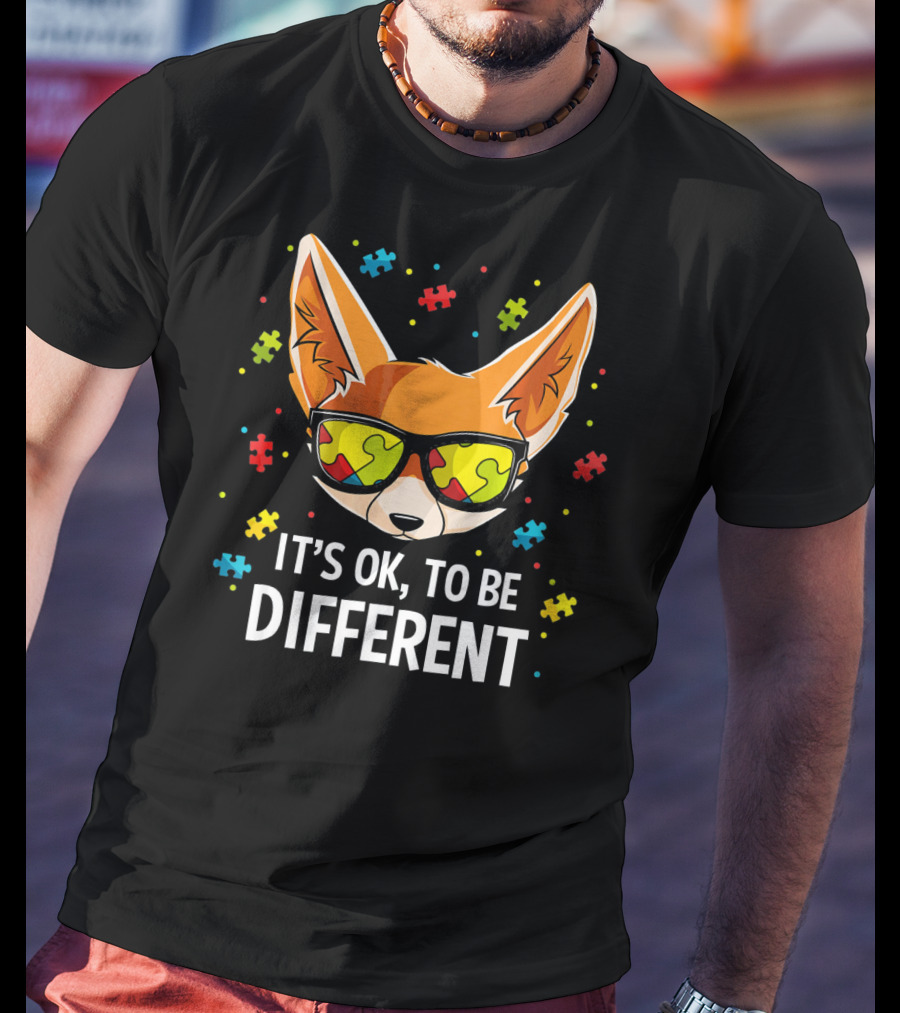 It's OK To Be Different Autism Awareness Puzzle Piece Fox T-Shirt
