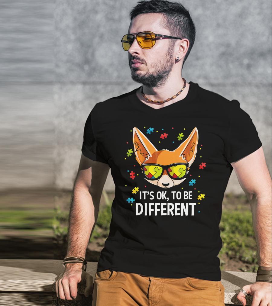 It's OK To Be Different Autism Awareness Puzzle Piece Fox T-Shirt