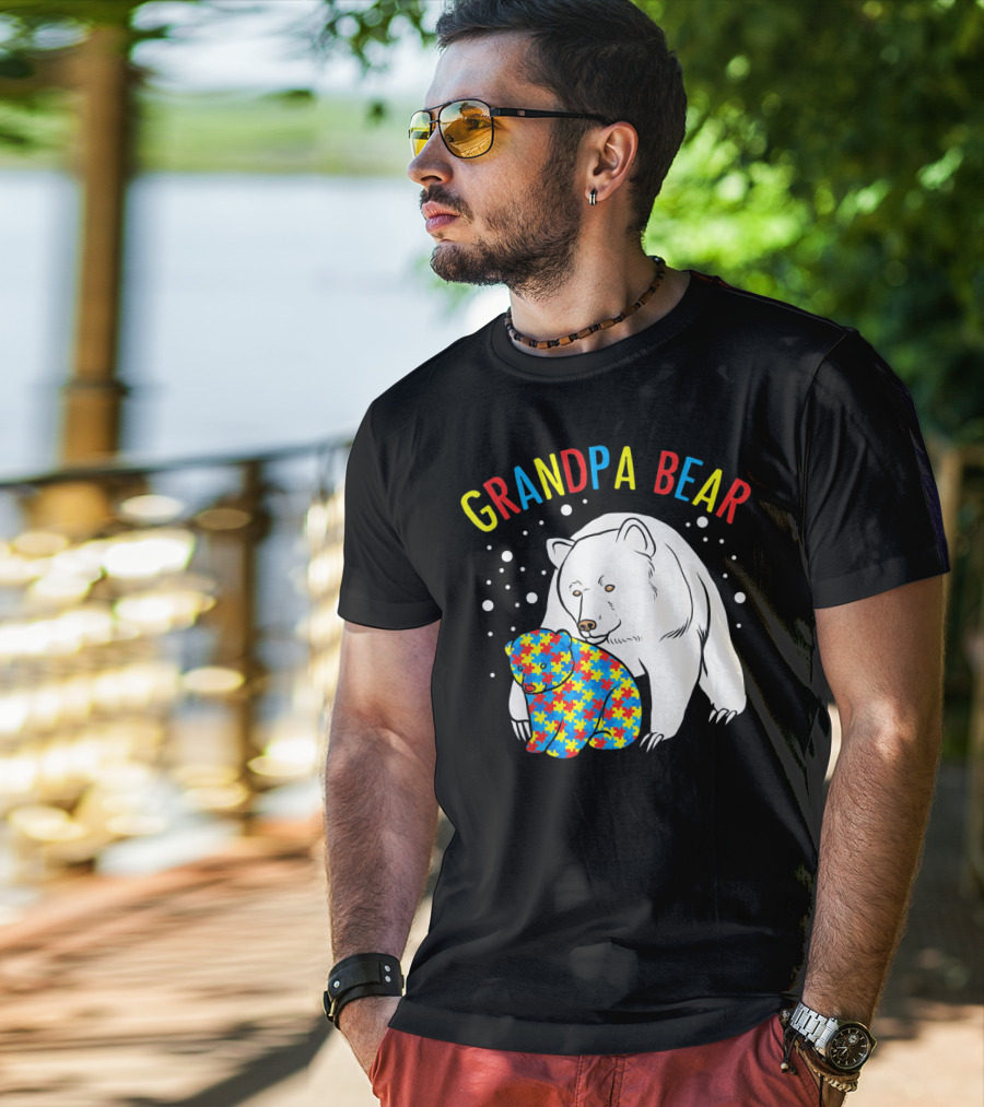 Grandpa Bear Mens Autism Awareness Puzzle Bear T-Shirt