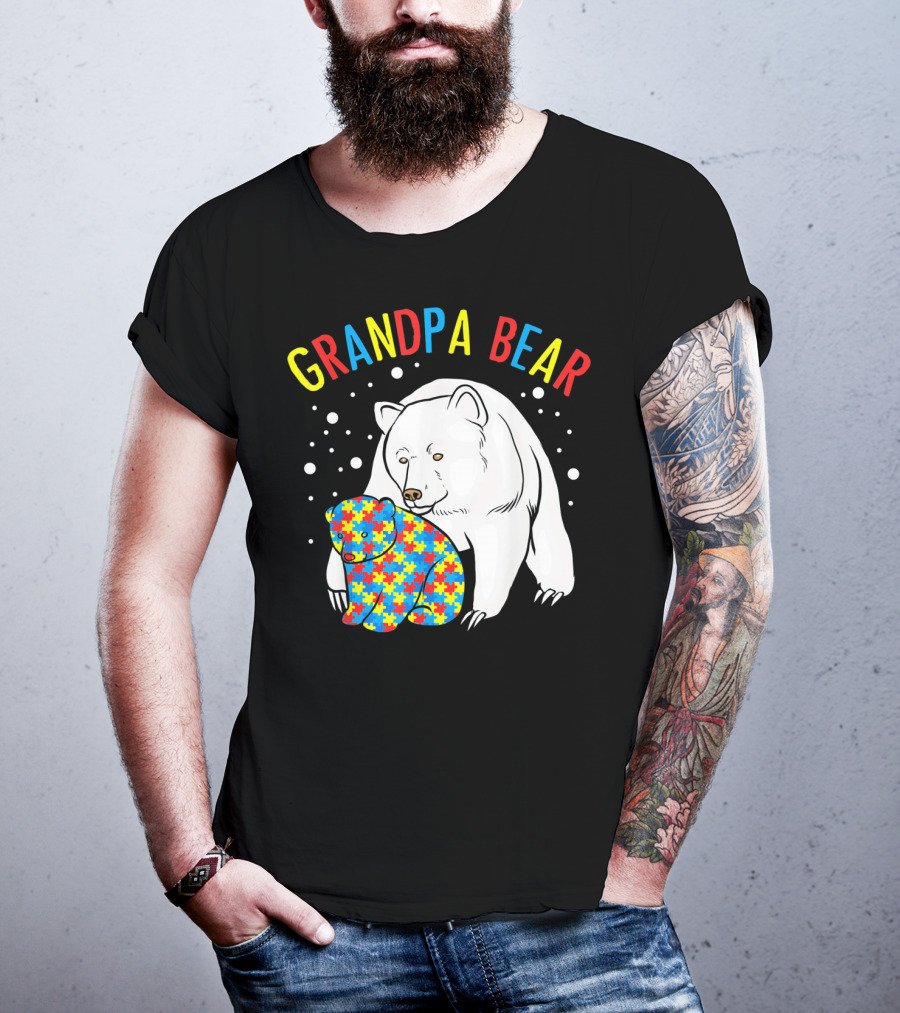 Grandpa Bear Mens Autism Awareness Puzzle Bear T-Shirt