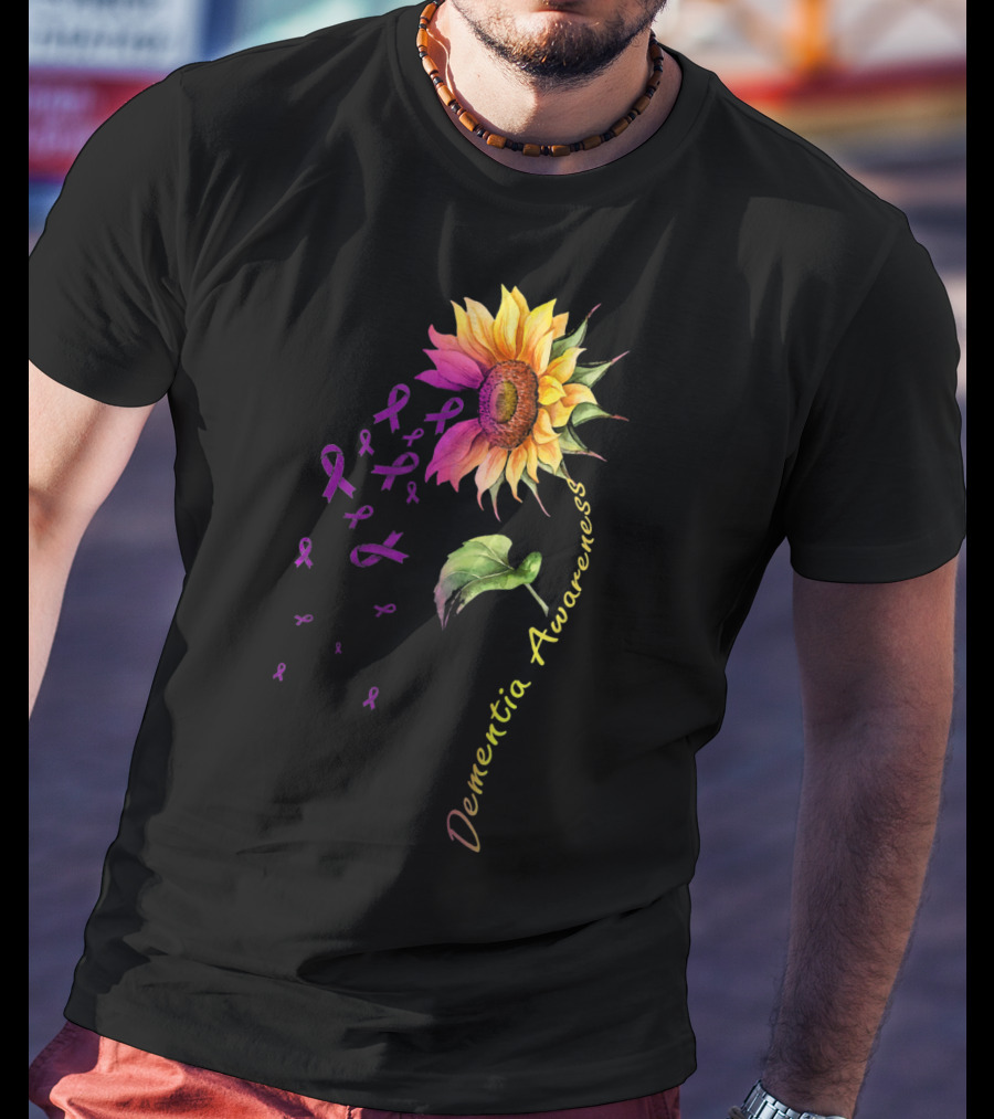 Dementia Awareness Sunflower With Purple Ribbons T-Shirt