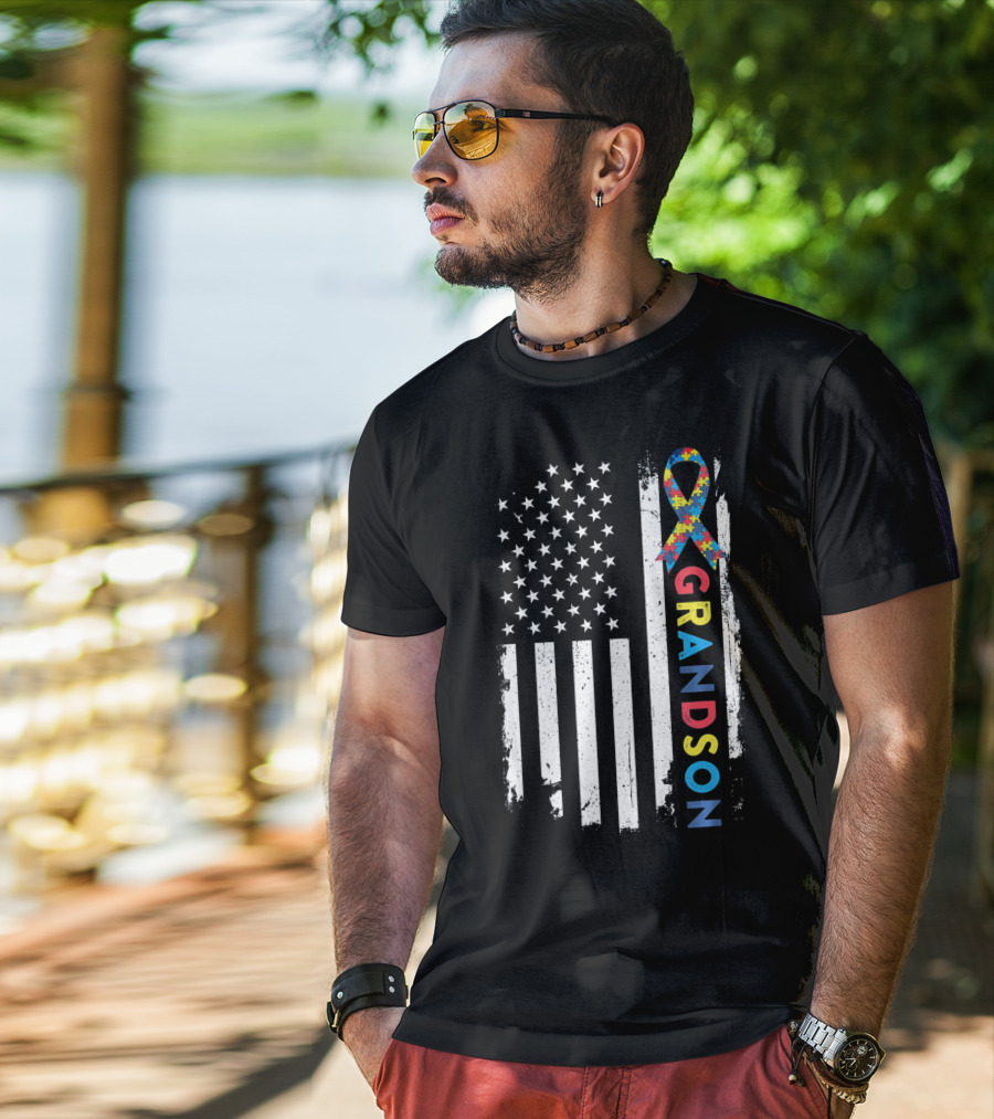 Autism Awareness American Flag Grandson Kids T-Shirt