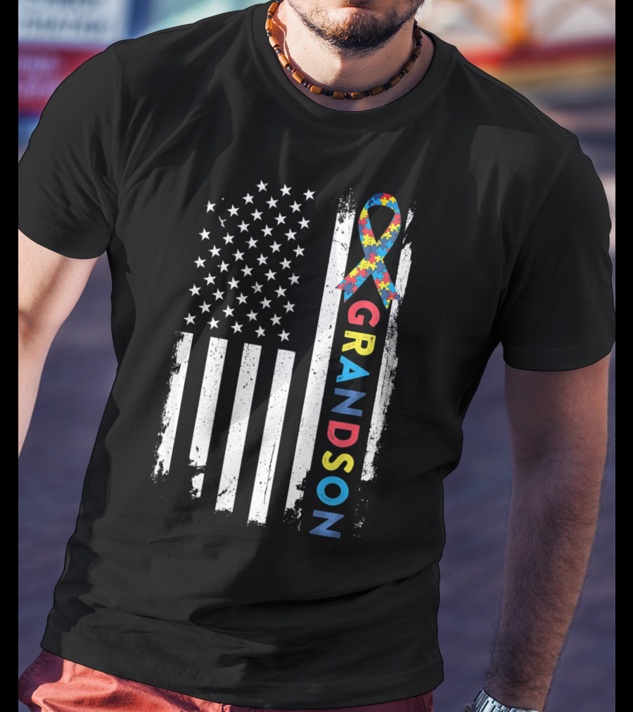 Autism Awareness American Flag Grandson Kids T-Shirt