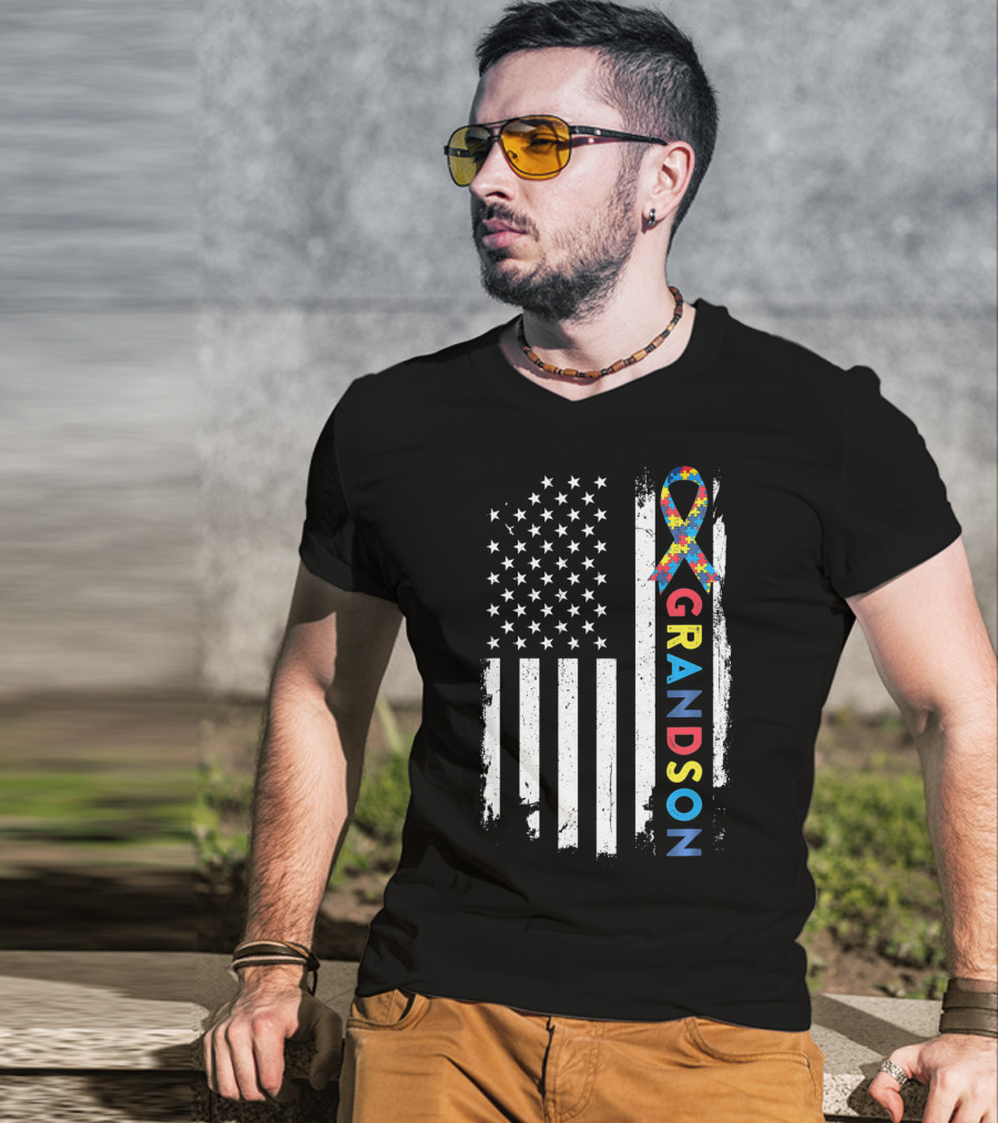 Autism Awareness American Flag Grandson Kids T-Shirt