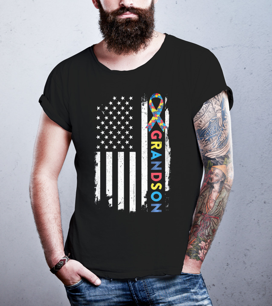 Autism Awareness American Flag Grandson Kids T-Shirt