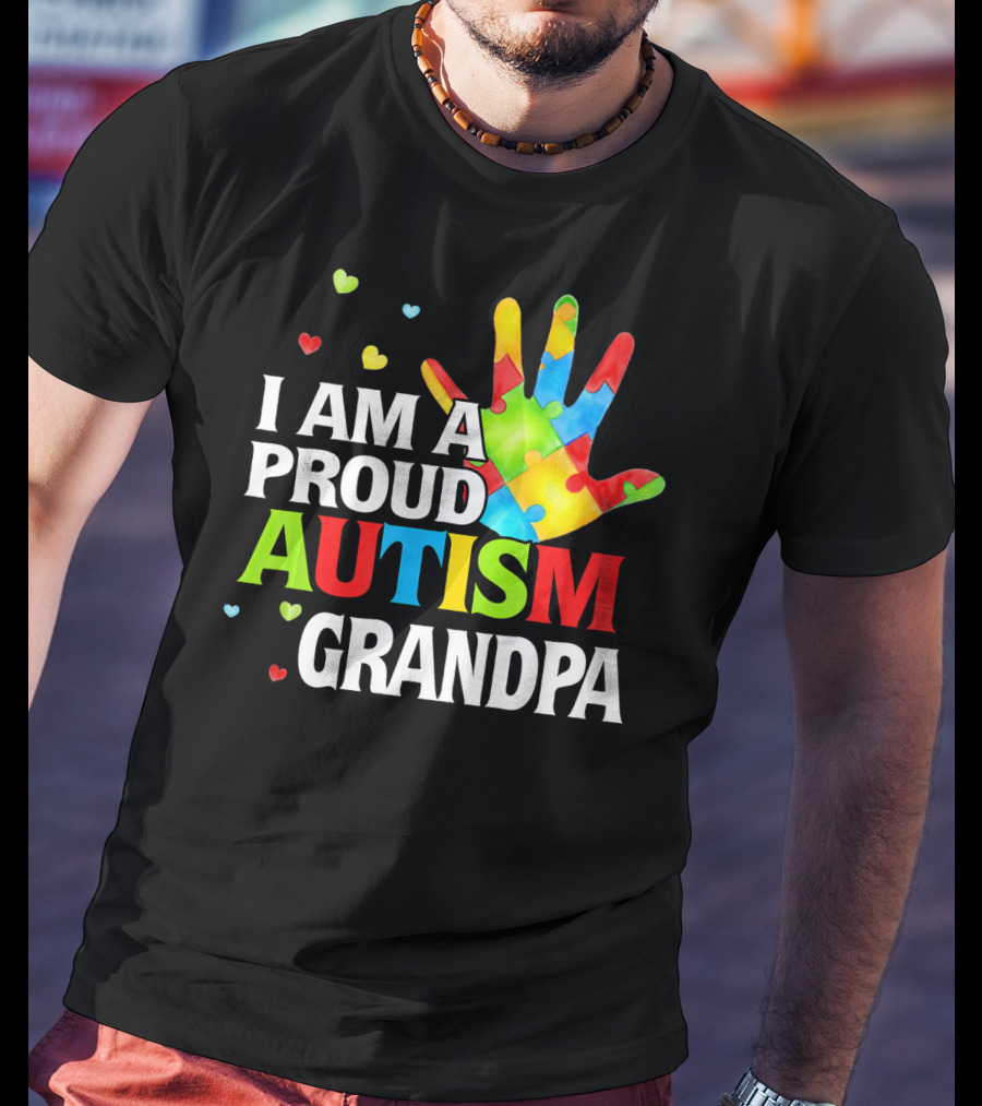 I Am A Proud Autism Grandpa Colorful Puzzle Hand Heart Accents T-Shirt