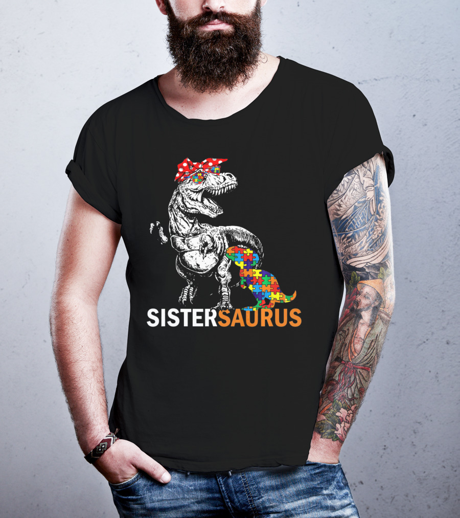 Sister Saurus Autism Awareness Dinosaur Puzzle Print T-Shirt