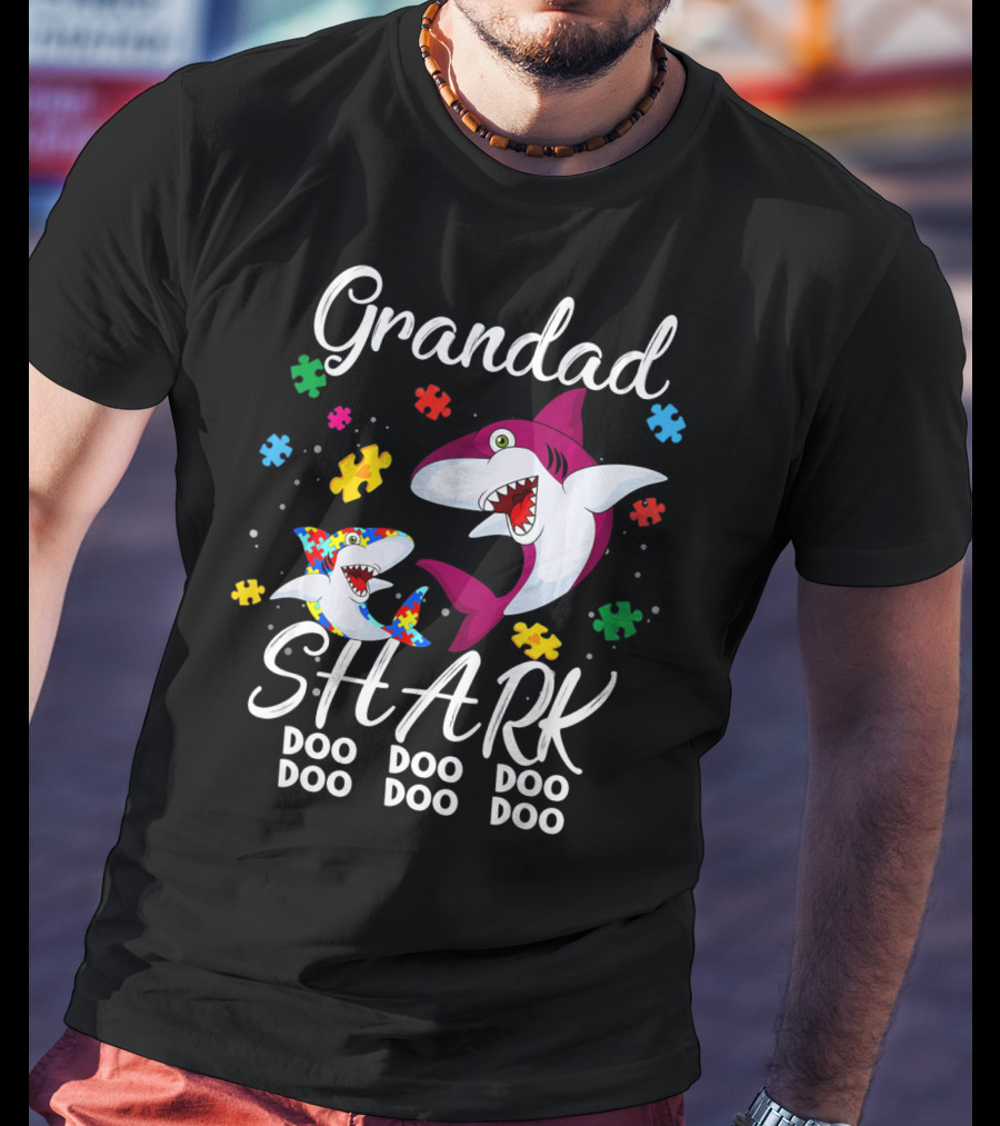 Grandad Shark Doo Doo Doo Doo Autism Awareness Puzzle Pieces T-Shirt