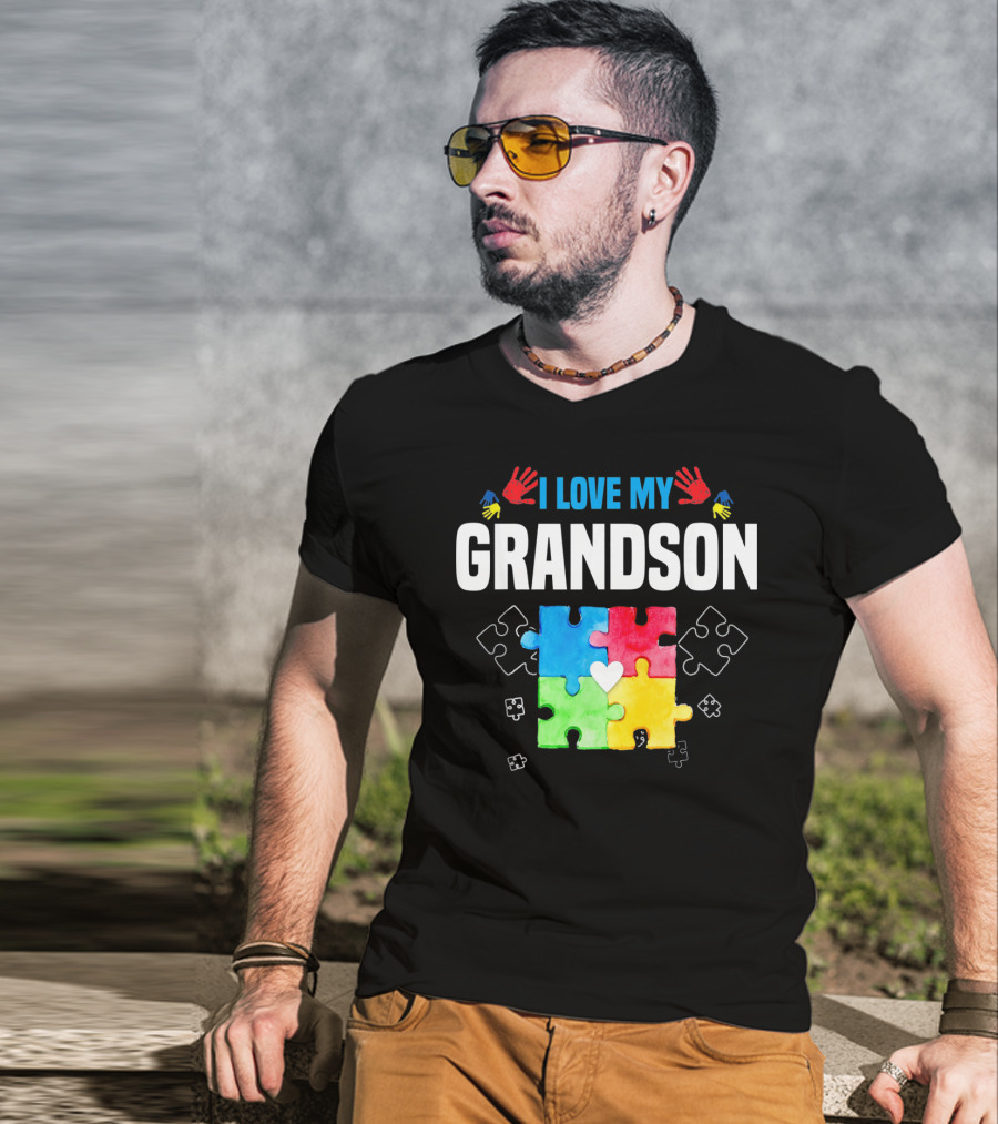 I Love My Grandson Autism Awareness Puzzle Pieces And Colorful Handprints T-Shirt