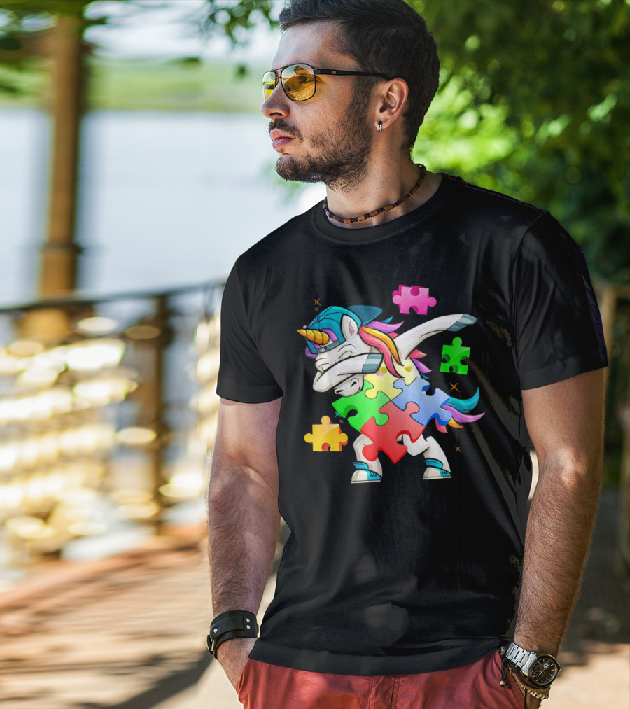 Autism Awareness Dabbing Unicorn Rainbow Puzzle Pieces T-Shirt