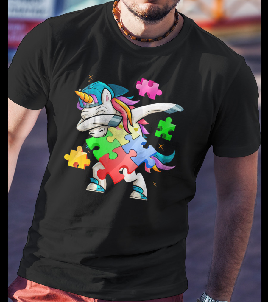 Autism Awareness Dabbing Unicorn Rainbow Puzzle Pieces T-Shirt