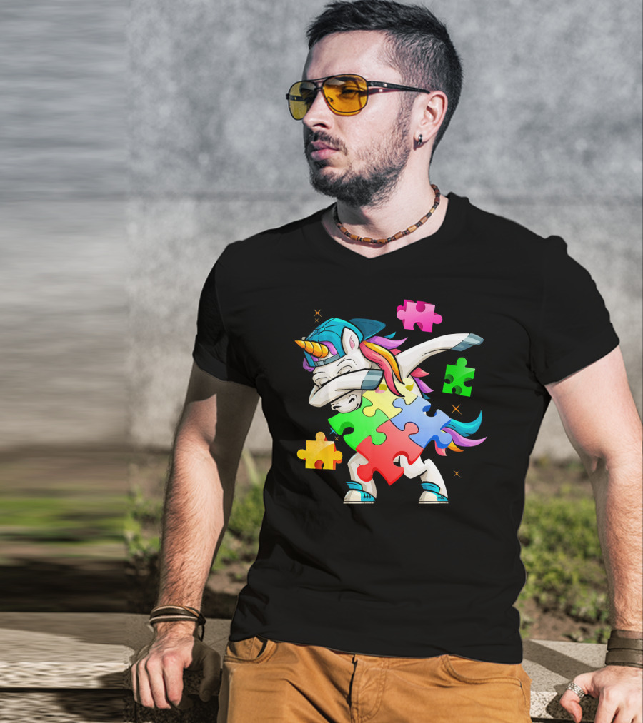 Autism Awareness Dabbing Unicorn Rainbow Puzzle Pieces T-Shirt