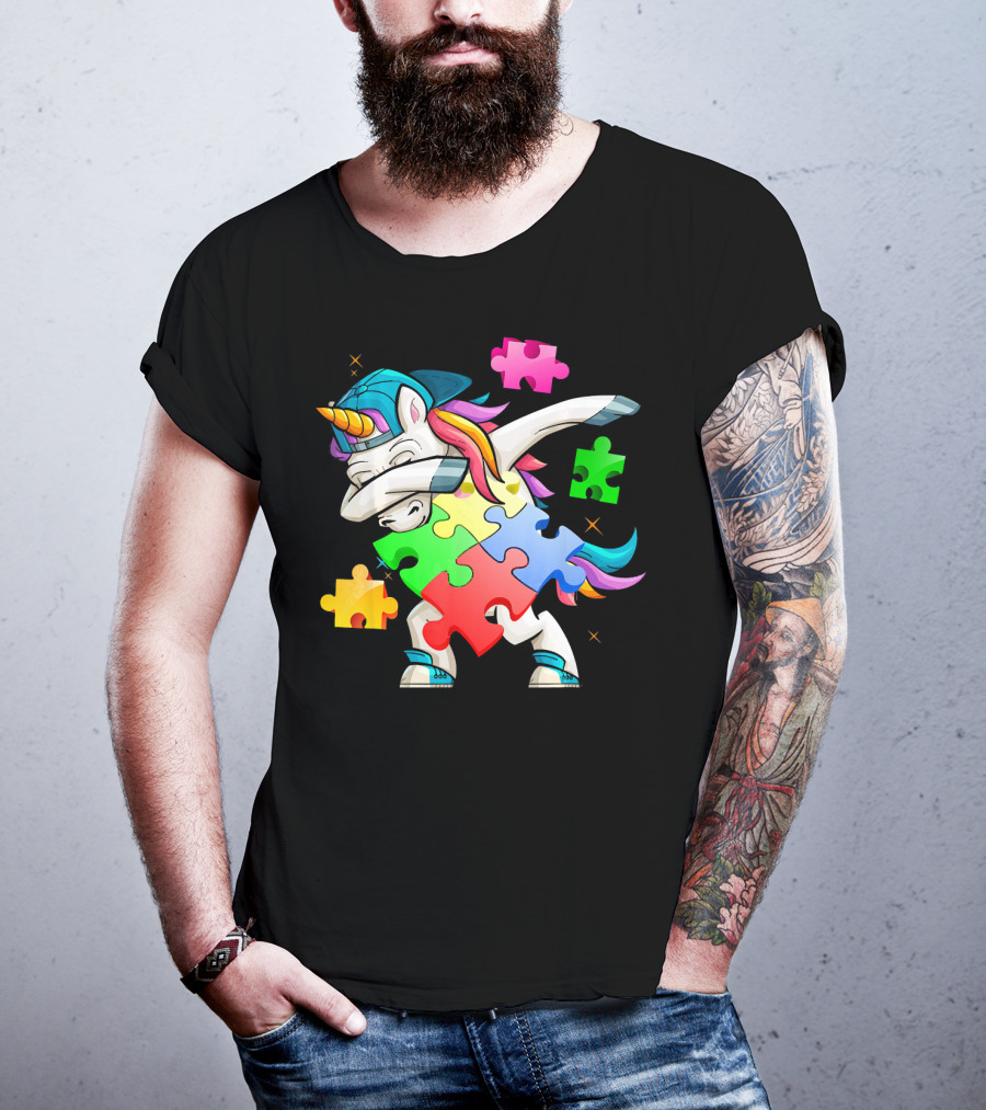 Autism Awareness Dabbing Unicorn Rainbow Puzzle Pieces T-Shirt