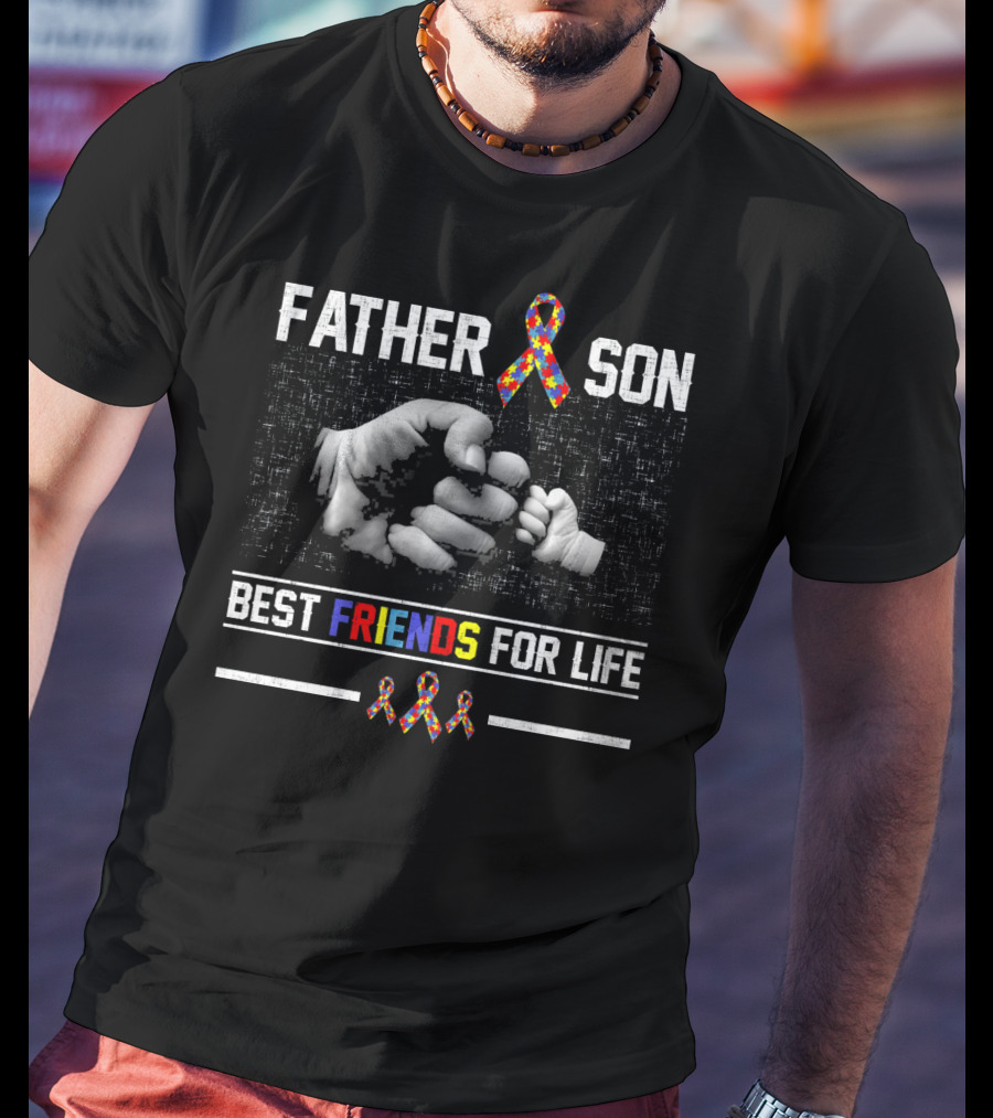 Father Son Best Friends For Life Autism Awareness Ribbon Fist Bump T-Shirt