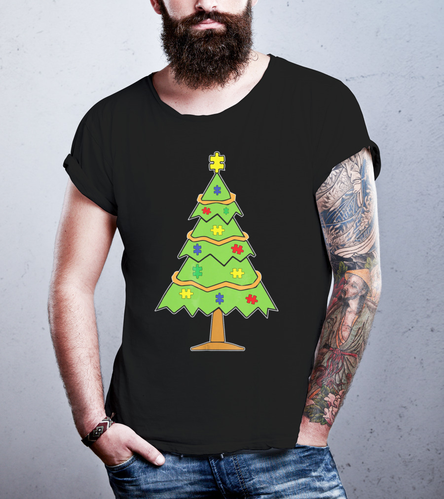 Autism Awareness Christmas Tree With Colorful Puzzle Pieces T-Shirt