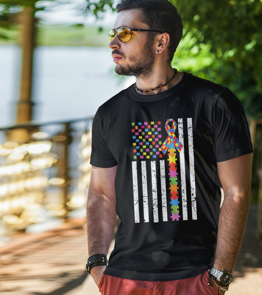 Autism Awareness US Flag Puzzle Ribbon T-Shirt
