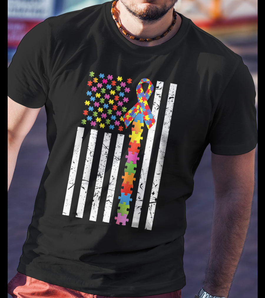 Autism Awareness US Flag Puzzle Ribbon T-Shirt