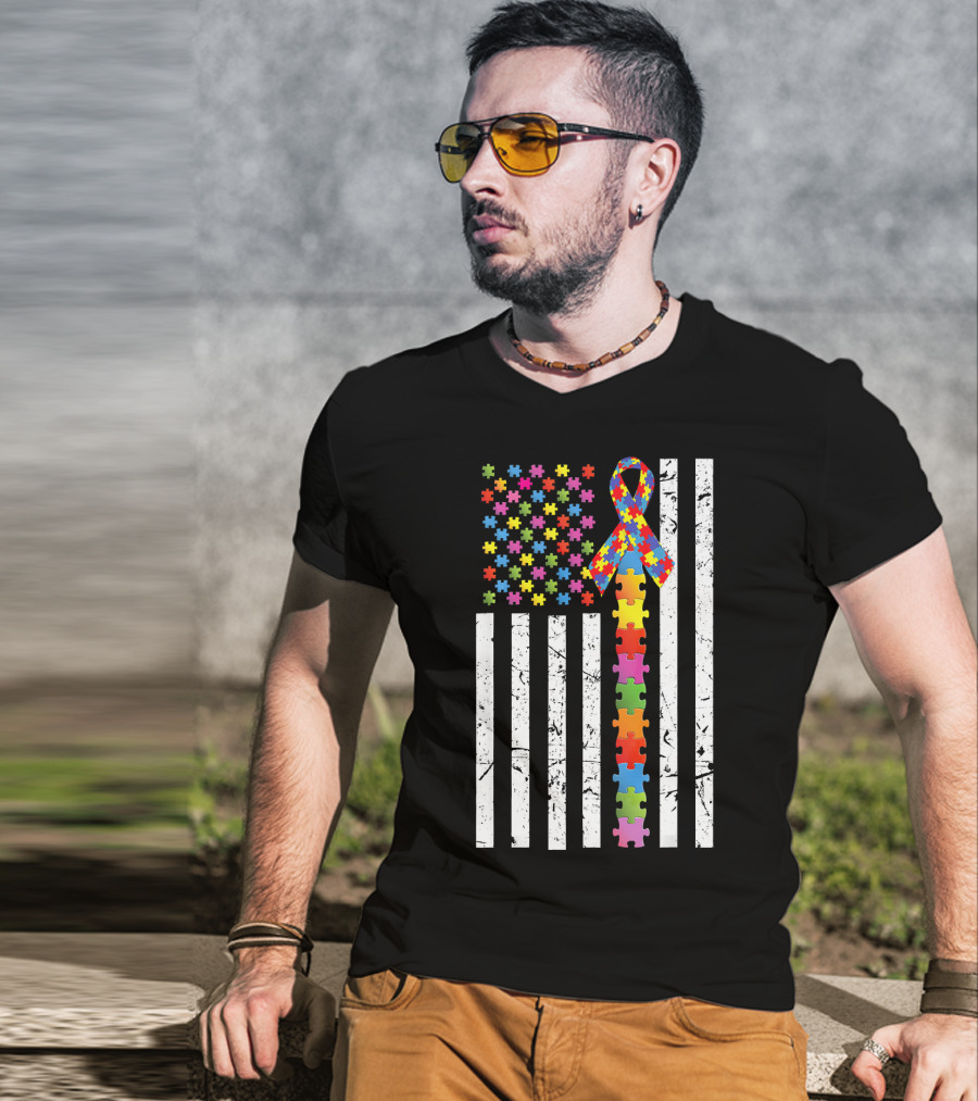 Autism Awareness US Flag Puzzle Ribbon T-Shirt