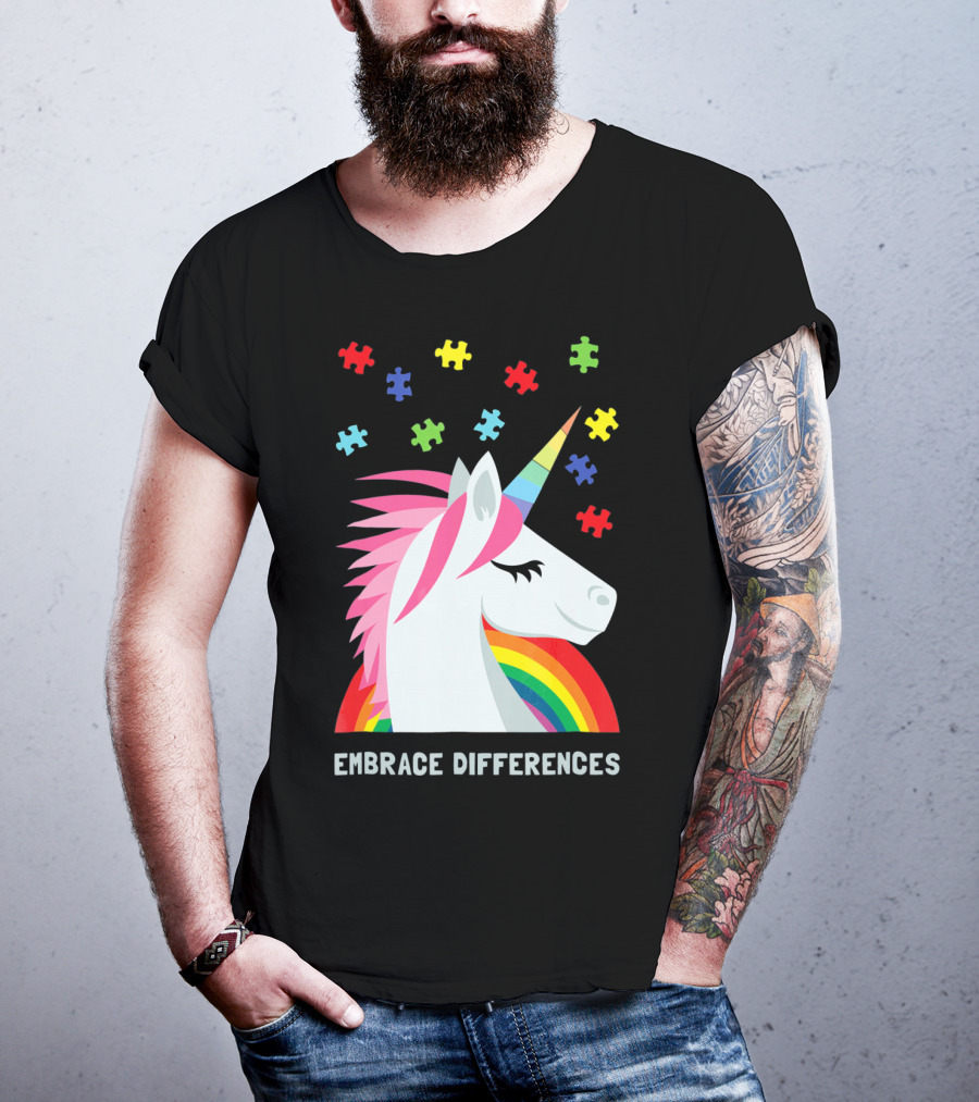 Embrace Differences Unicorn Rainbow Autism Awareness T-Shirt
