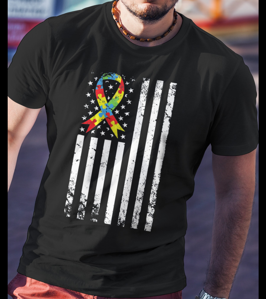 Vintage Autism Awareness Puzzle Ribbon US Flag T-Shirt