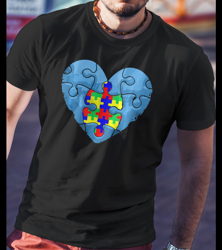 Love Doesn't Need Words Heart Puzzle Autism Awareness T-Shirt
