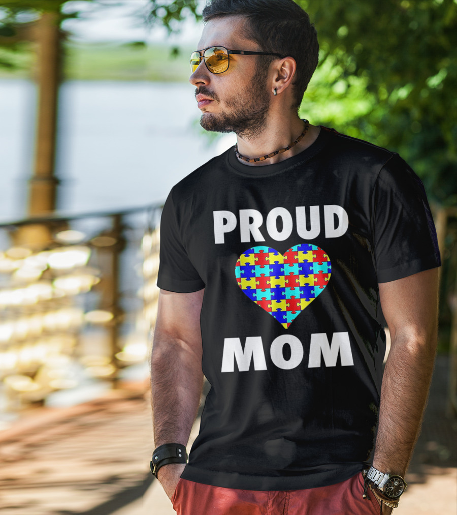 Proud Mom Autism Awareness Heart Puzzle T-Shirt