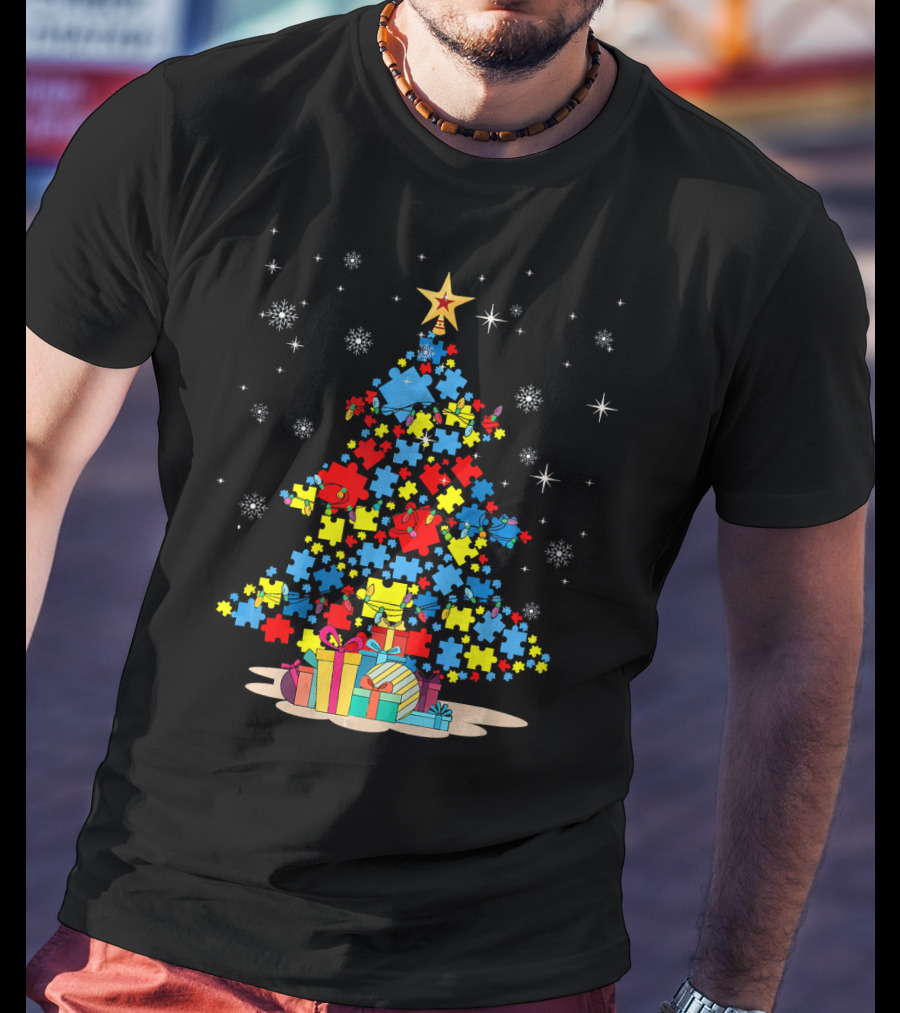 Puzzle Pieces Christmas Tree Autism Awareness Holiday T-Shirt