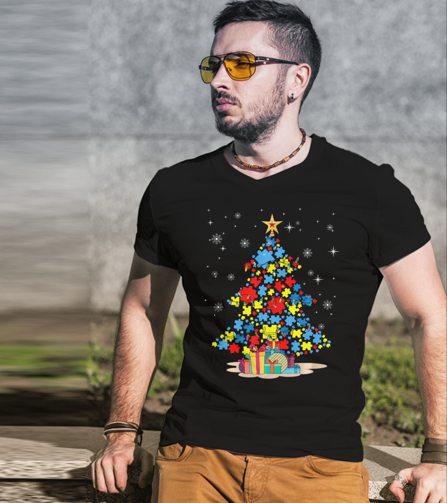 Puzzle Pieces Christmas Tree Autism Awareness Holiday T-Shirt