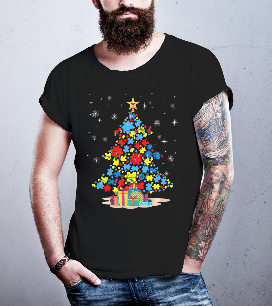 Puzzle Pieces Christmas Tree Autism Awareness Holiday T-Shirt