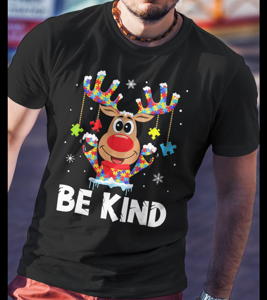 Be Kind Reindeer Puzzle Pieces Autism Awareness T-Shirt