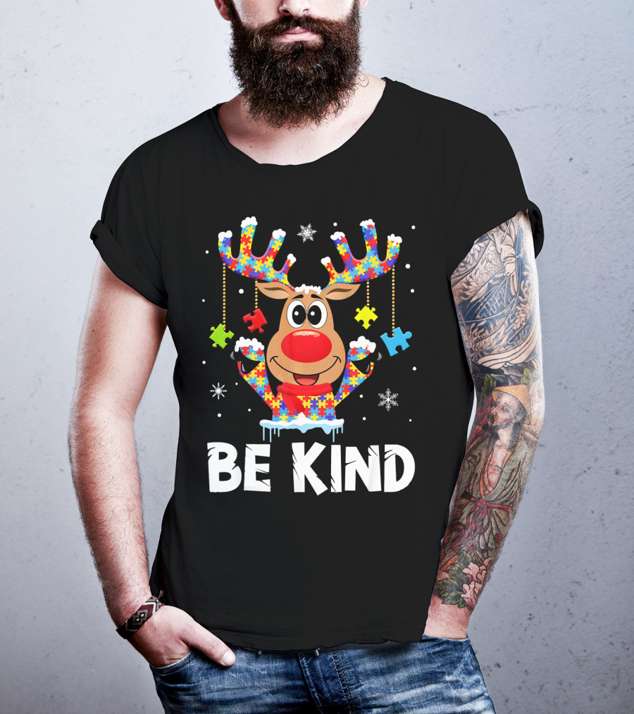 Be Kind Reindeer Puzzle Pieces Autism Awareness T-Shirt