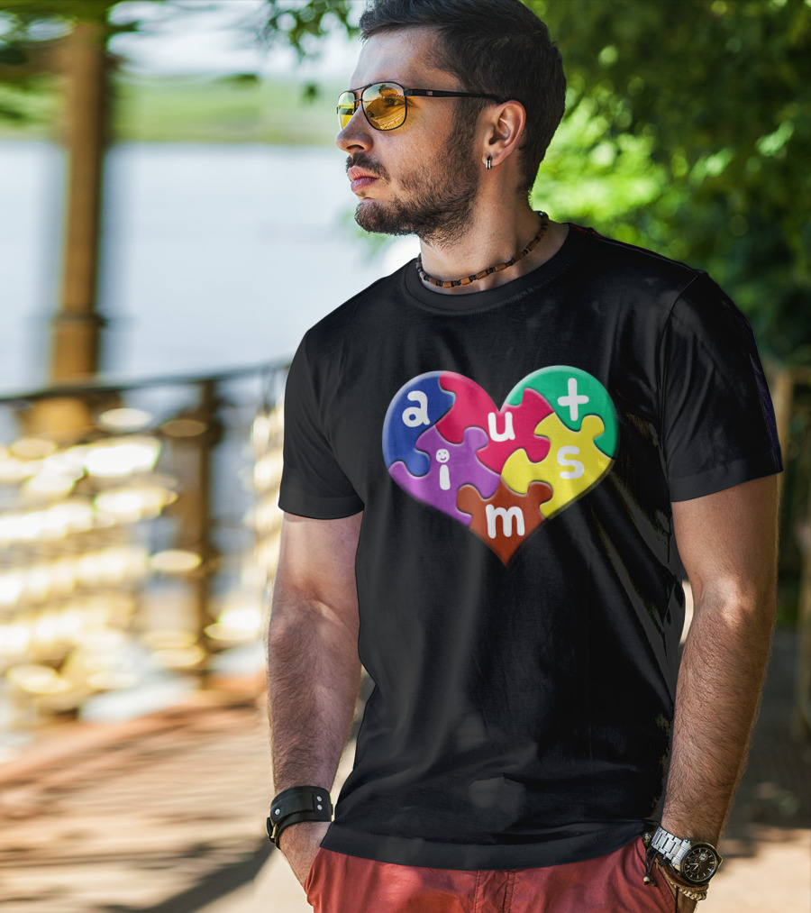 Autism Awareness Heart Puzzle Pieces Love Smile Colorful T-Shirt