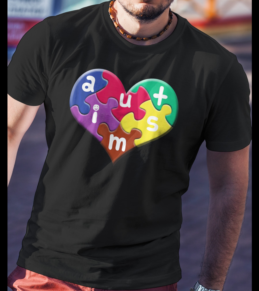 Autism Awareness Heart Puzzle Pieces Love Smile Colorful T-Shirt