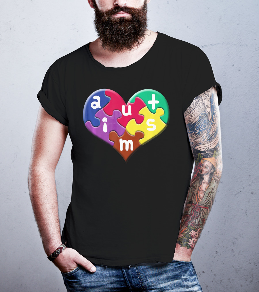 Autism Awareness Heart Puzzle Pieces Love Smile Colorful T-Shirt