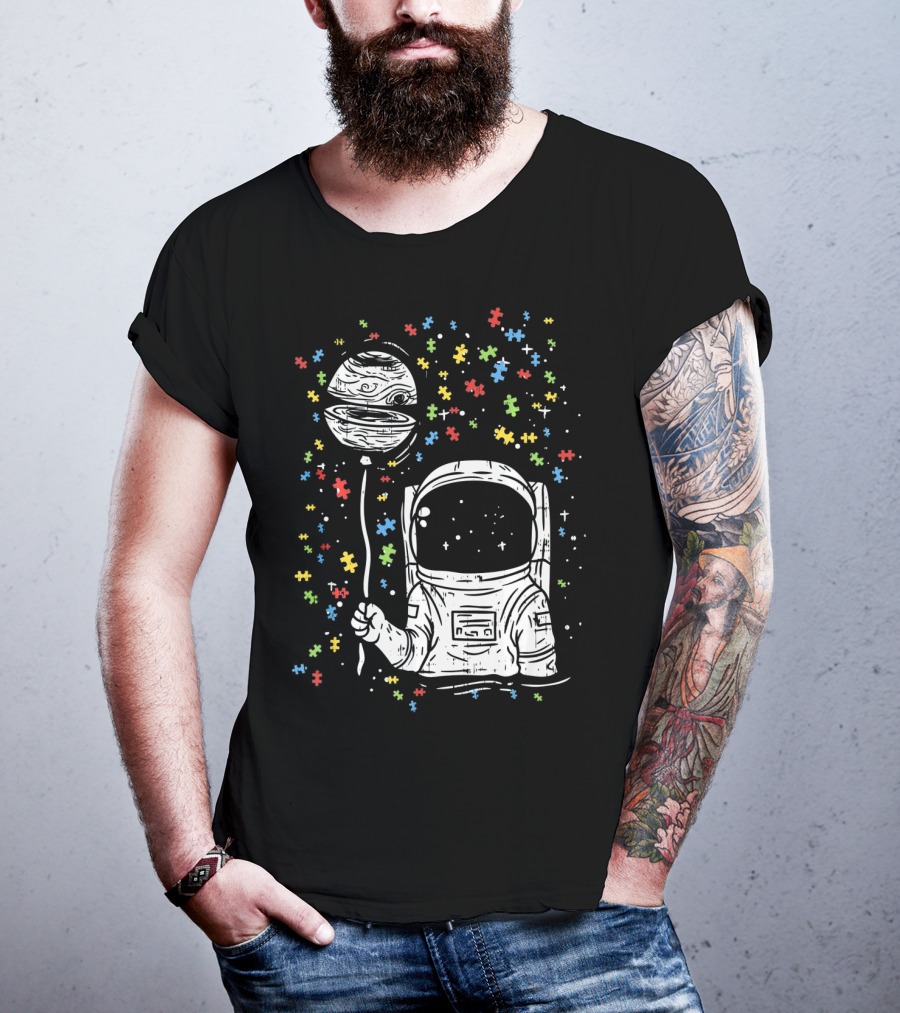 Astronaut Holding Planet Balloon With Puzzle Pieces For Autism Awareness T-Shirt