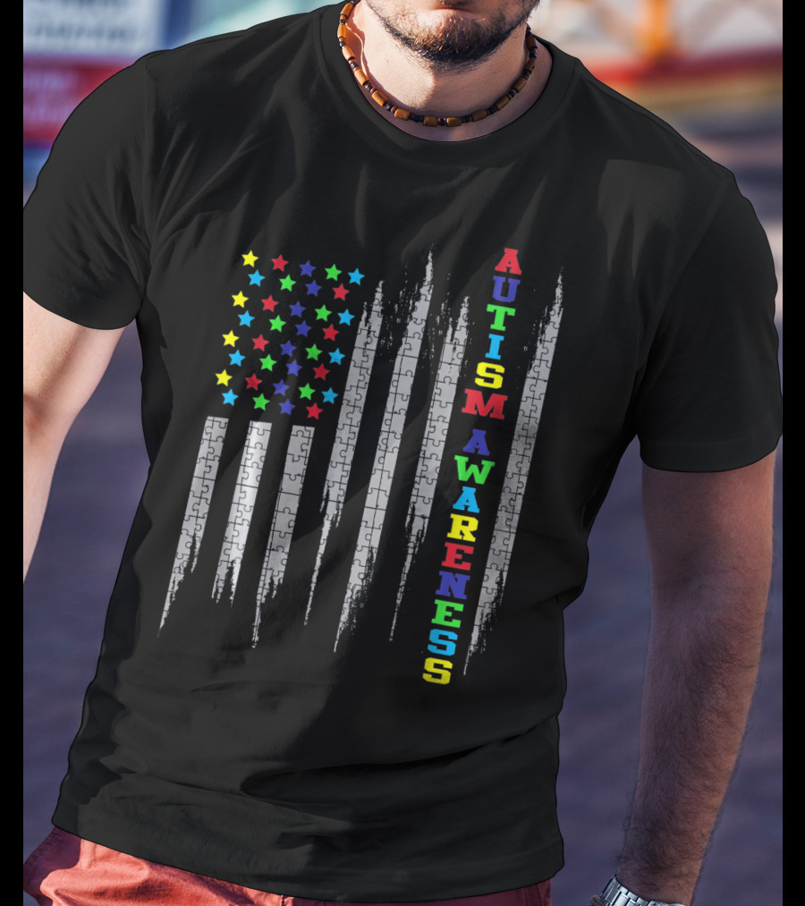 Autism Awareness Day USA Flag Puzzle Stars T-Shirt