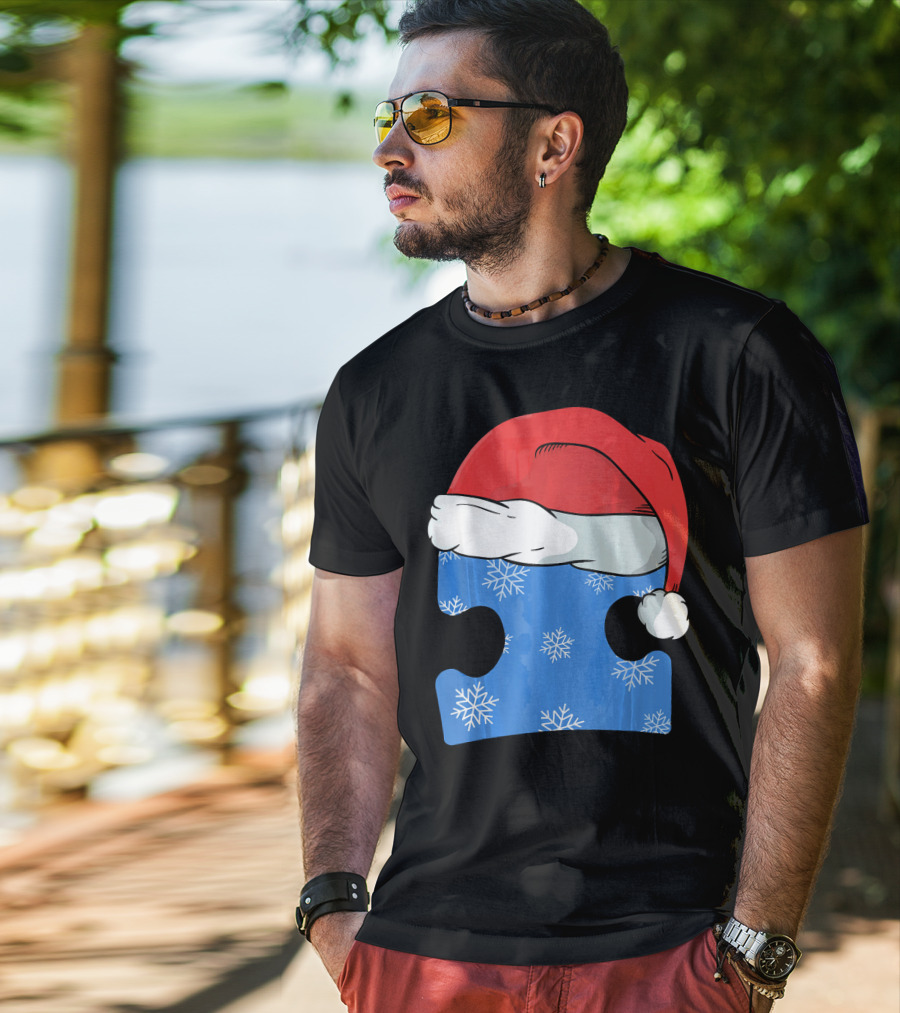 Autism Awareness Puzzle Piece Blue Snowflake Santa Hat T-Shirt