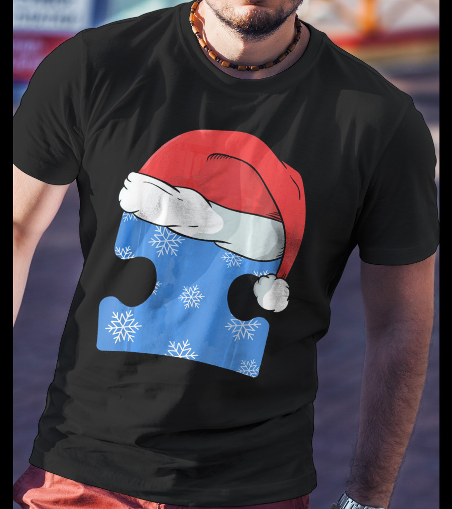 Autism Awareness Puzzle Piece Blue Snowflake Santa Hat T-Shirt