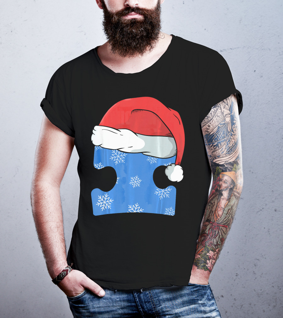 Autism Awareness Puzzle Piece Blue Snowflake Santa Hat T-Shirt