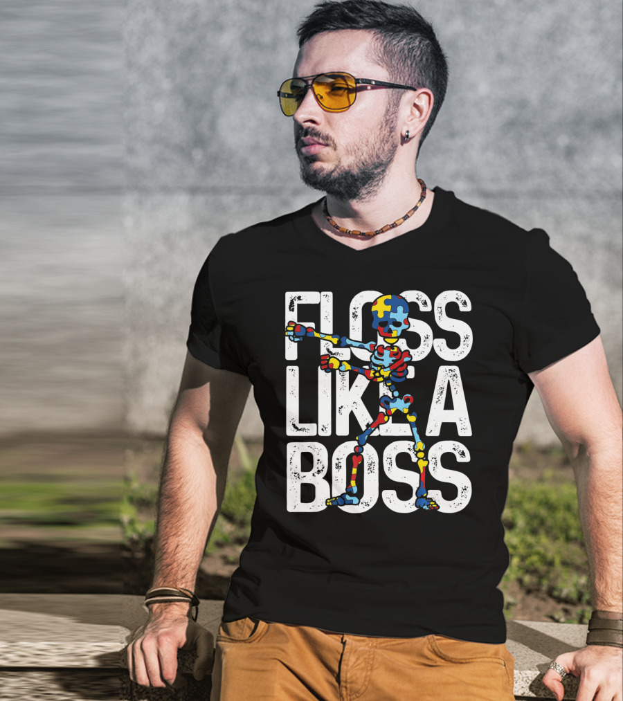 Floss Like A Boss Puzzle Skeleton Autism Awareness T-Shirt