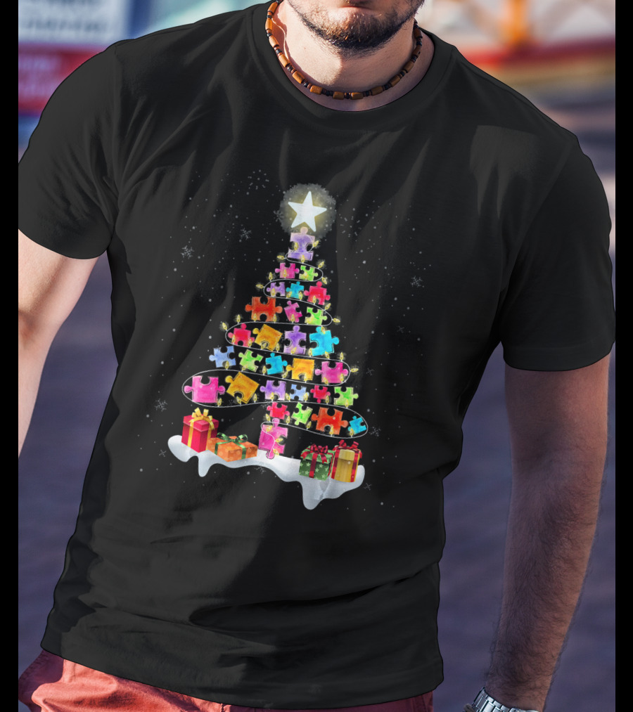 Autism Awareness Christmas Puzzle Piece Tree With Star And Gifts T-Shirt