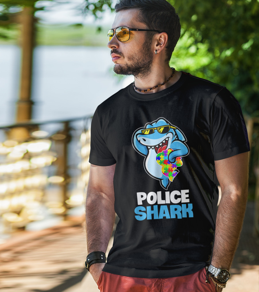 Police Shark Holding Autism Awareness Puzzle Heart T-Shirt