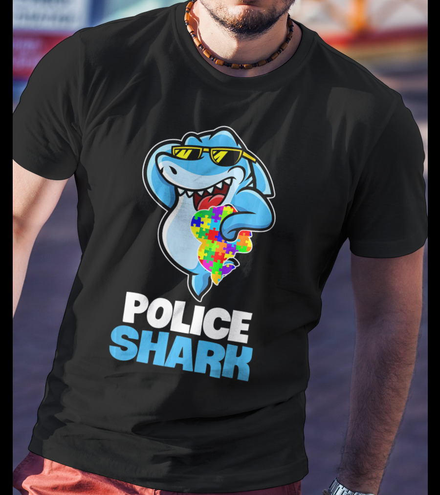 Police Shark Holding Autism Awareness Puzzle Heart T-Shirt