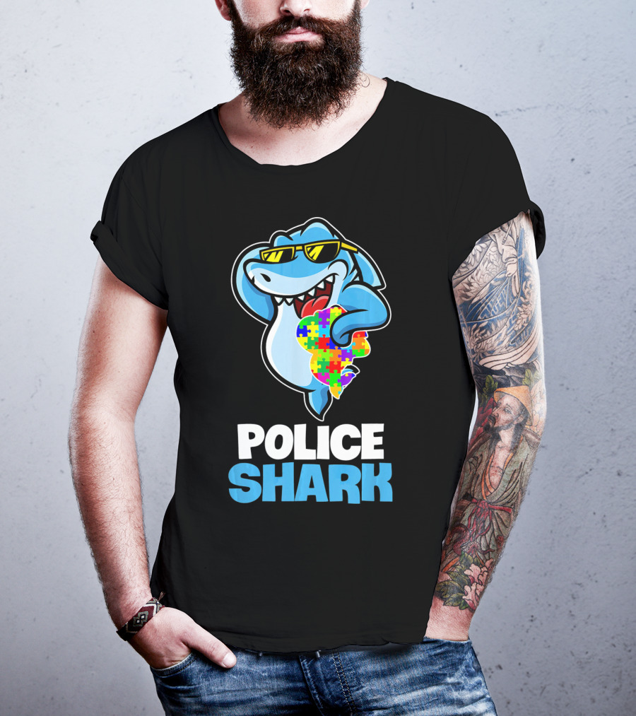 Police Shark Holding Autism Awareness Puzzle Heart T-Shirt