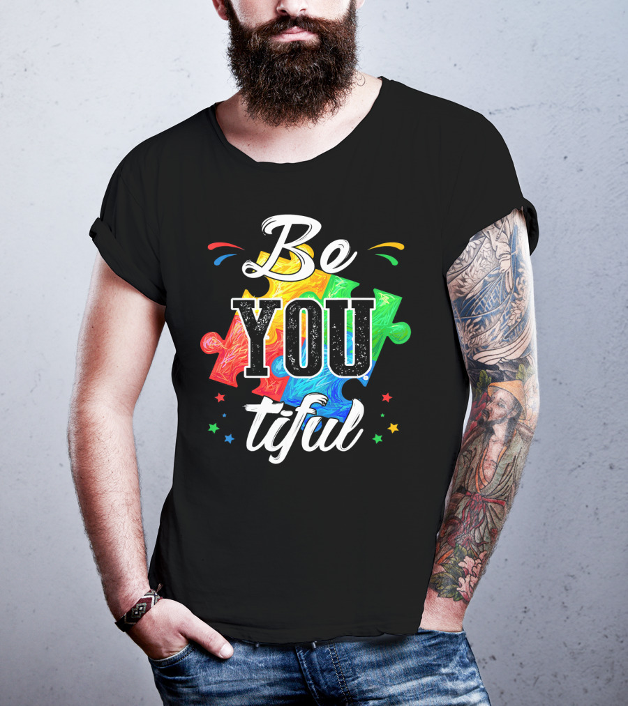 Be You Tiful Autism Awareness Colorful Puzzle Pieces With Stars T-Shirt