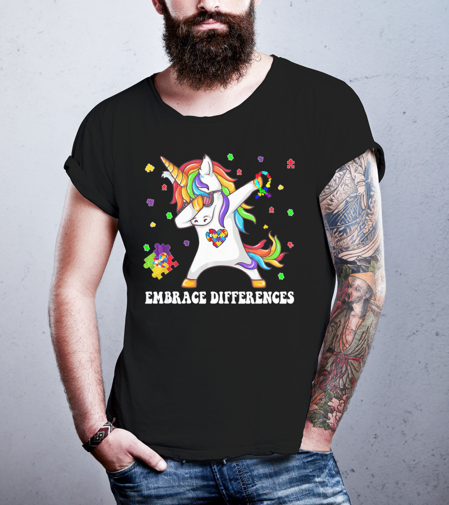 Embrace Differences Unicorn Autism Aware Puzzle Pieces T-Shirt