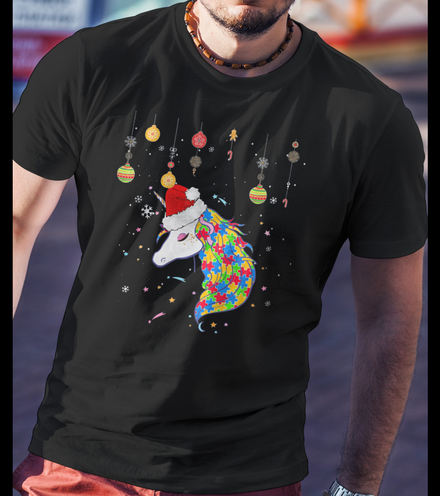 Christmas Unicorn Santa Hat Autism Puzzle T-Shirt