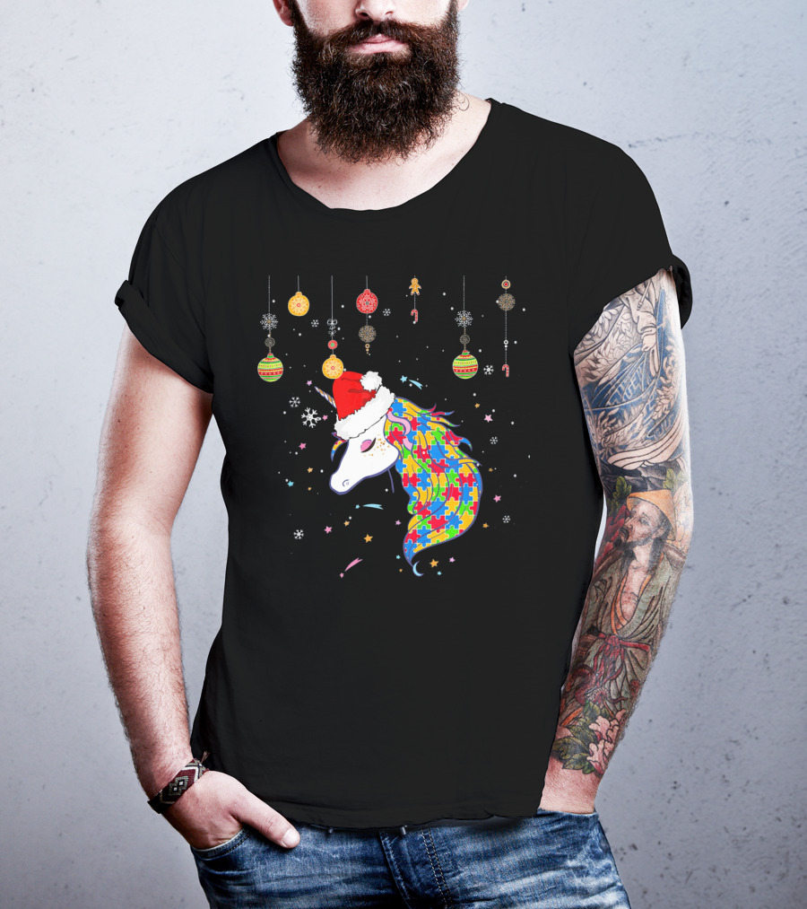 Christmas Unicorn Santa Hat Autism Puzzle T-Shirt