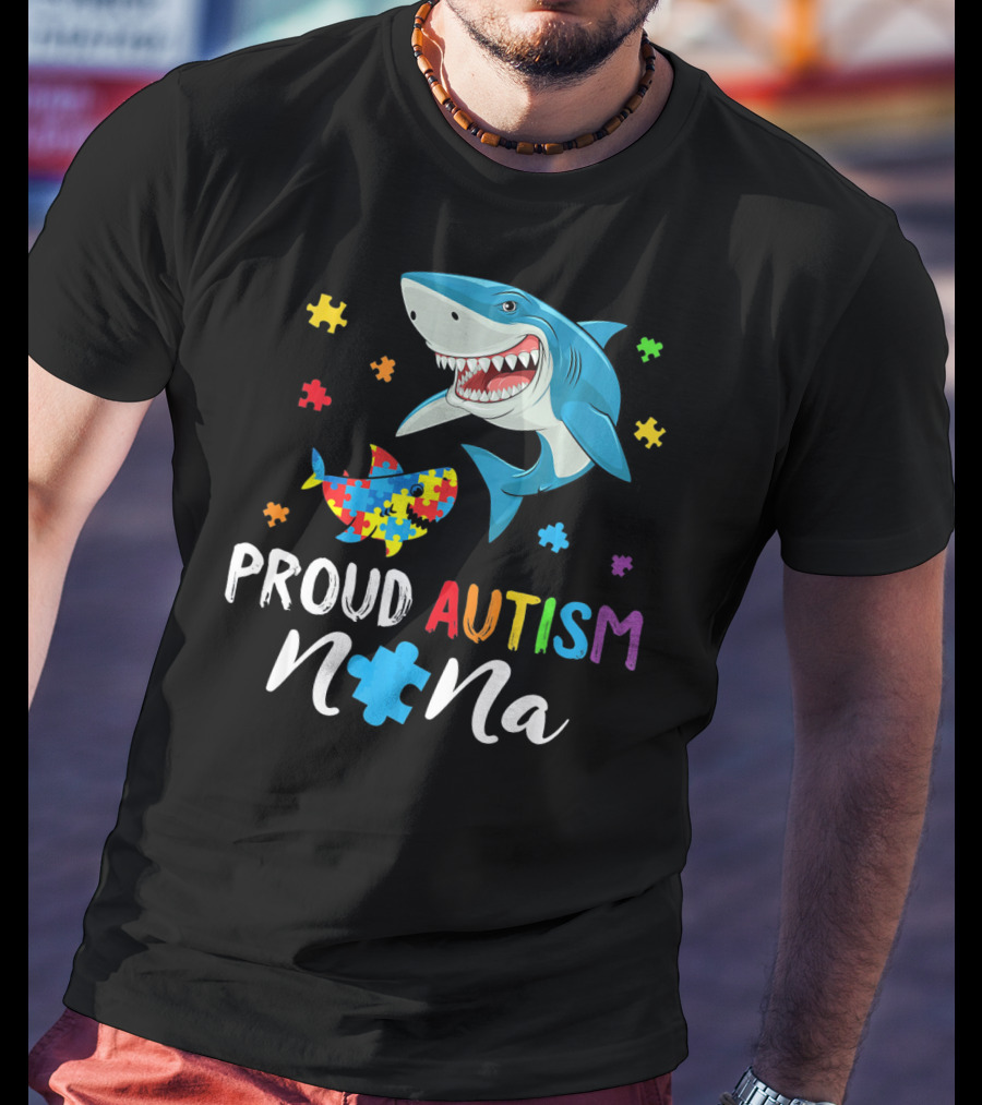 Proud Autism Nana Shark With Colorful Puzzle Pieces T-Shirt